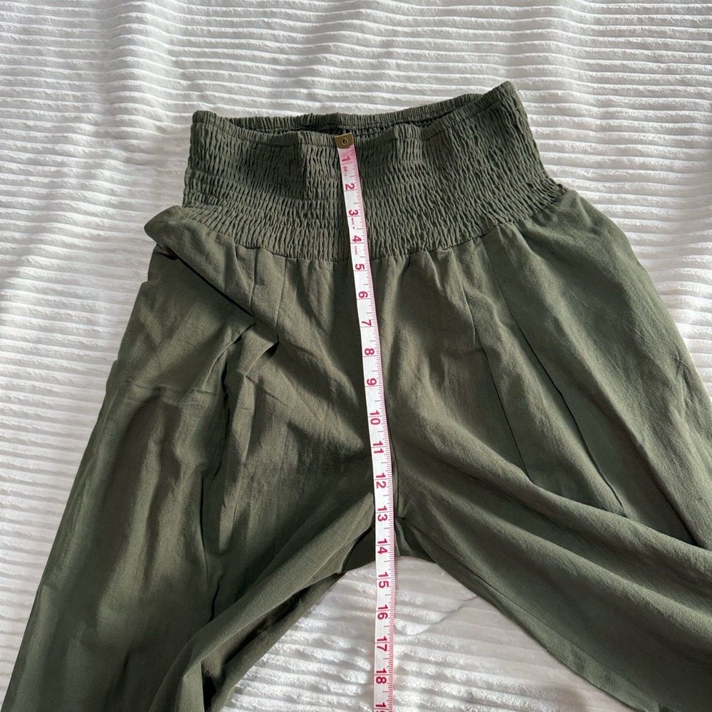 Women's Green Wide-Leg Pants Pull On Elastic Waistband Pockets Linen Polyester M - Picture 9 of 12